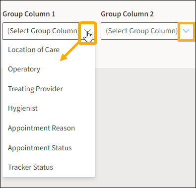 Report Group filters with yellow highlight boxes around the drop down arrows and  showing the menu selection options.